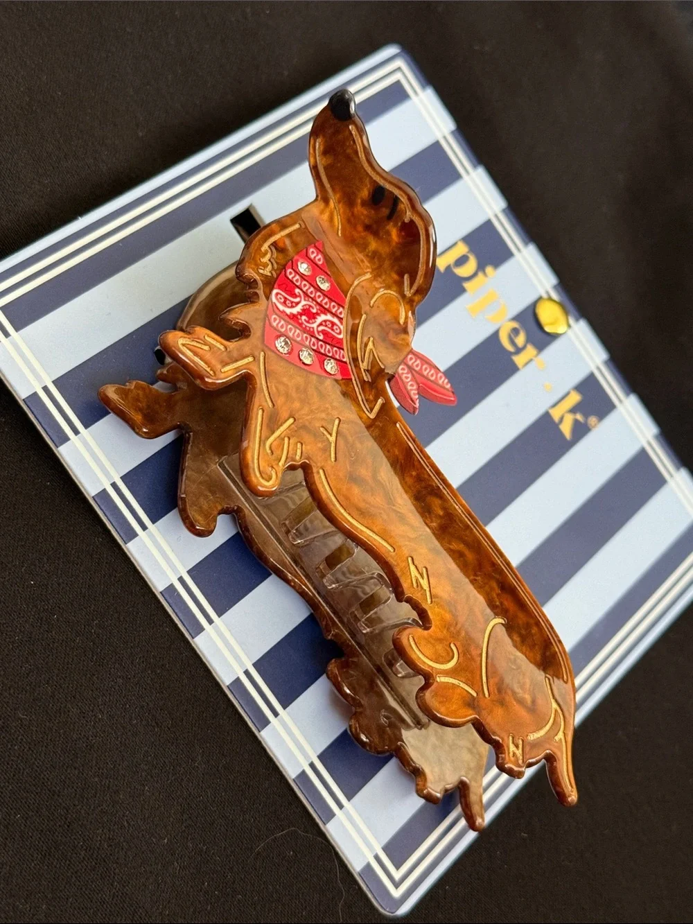 Adorable Piper K Brown Dachshund Hair Clip with Red Bandana